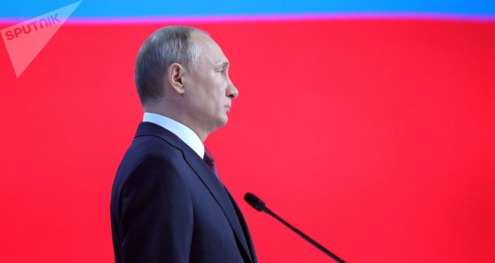 Президент РФ Владимир Путин выступает с ежегодным посланием Федеральному Собранию.   
