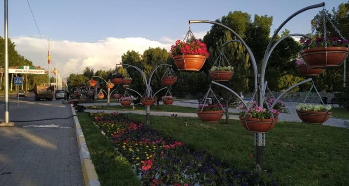 В Бишкеке появились железные конструкции с цветочными горшками, напоминающие вешалки
