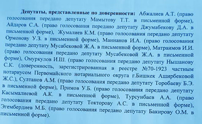 Список депутатов, передавшие доверенности своим коллегам во внеочередном заседании 10 октября в госрезиденции Ала-Арча