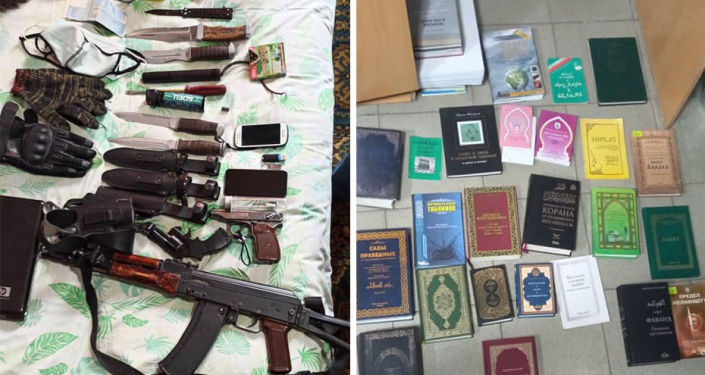 Оружие и запрещенная литература изъятая у задержанных подозреваемых в серии разбойных нападений в Чуйской области. 11 ноября 2021 года