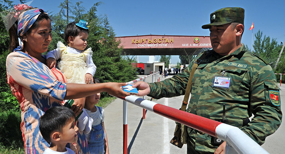 Пограничник КР проверяет паспорт на контрольно-пропускном пункте кыргызско-узбекской границы в Кара-Суу на юге Кыргызстана. Архивное фото