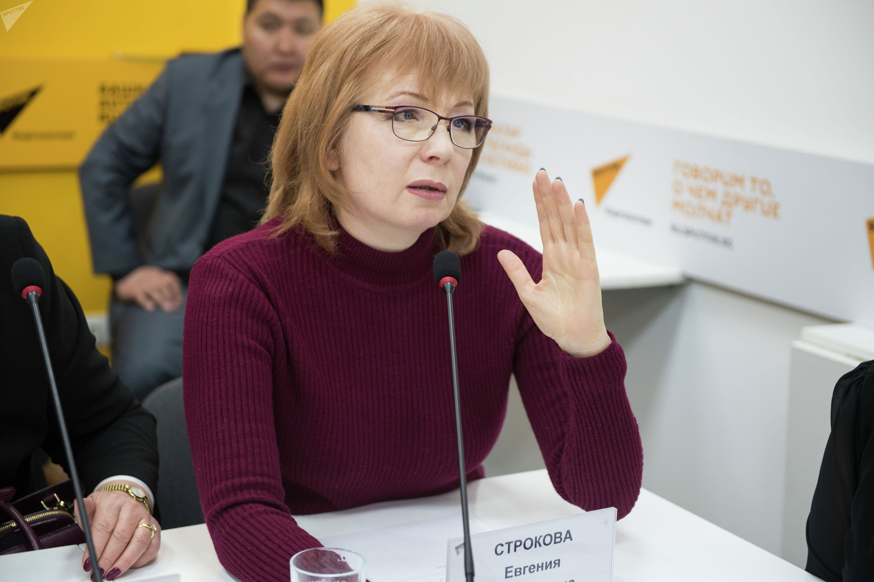 Депутат Жогорку Кенеша Евгения Строкова на круглом столе в мультимедийном пресс-центре Sputnik Кыргызстан