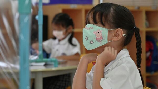 Школьница в медицинской маске во время урока. Архивное фото - Sputnik Кыргызстан
