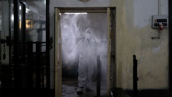 Рабочий в СИЗ проводит дезинфекцию в помещении. Архивное фото - Sputnik Кыргызстан