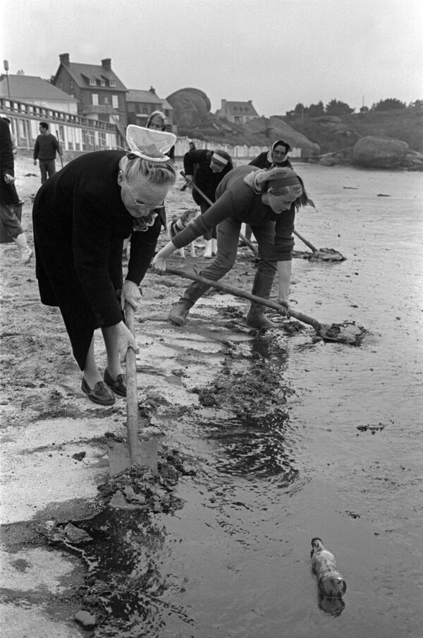 Солдаты и волонтеры ликвидируют последствия разлива нефти на побережье французской Бретани, 1967 год - Sputnik Кыргызстан