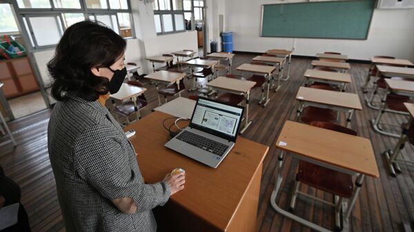 Учитель проводит онлайн-урок. Архивное фото - Sputnik Кыргызстан