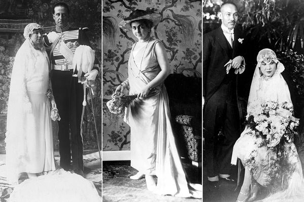 На фото: (слева) принцесса Изабелла Альфонса Бурбон-Сицилийская после свадьбы с польским графом Яном Замойским, 9 марта 1929 года; (в центре) принцесса Гермина Рейсс-Грейцская перед свадьбой с последним германским императором и королем Пруссии Вильгельмом II, 1 ноября 1922 года;  (справа) политический деятель Китая Сун Мэйлин с мужем маршалом и генералиссимусом Чаном Кайши, 1 декабря, 1927 года. - Sputnik Кыргызстан