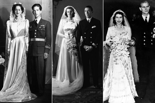 На фото: (слева) Александра, принцесса Греческая и Датская после свадебной церемонии с Петром II Карагеоргиевичем, последним королем Югославии, 20 марта 1944 года; (в центре) леди Сара Консуэло Спенсер-Черчилл с супругом лейтенантом Эдвином Расселом, 15 мая 1943 года; (справа) будущая королева Великобритании Елизавета II с мужем Филиппом, герцогом Эдинбургским, принцем Греческим и Датским, 20 ноября 1947 года - Sputnik Кыргызстан