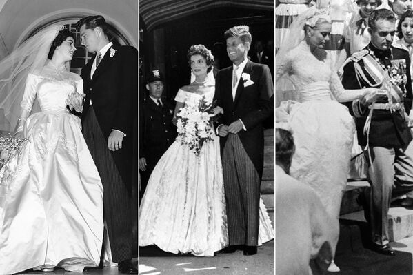 На фото: (слева) Элизабет Тейлор с Конрадом Хилтоном –младшим, 6 мая 1950 года; (в центре) Жаклин Кеннеди (Бувье) с будущим президентом США Джоном Фицджералдом Кеннеди, 12 сентября 1953 года; (справа) актриса Грейс Келли после свадьбы с князем Монако Ренье III, 19 апреля 1956 года - Sputnik Кыргызстан