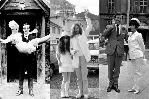 На фото: (слева) Шведская актриса Бритт Экланд с мужем британским актером Питером Селлерсом, 19 февраля 1964 года; (в центре) японская художница Йоко Оно после свадьбы с британским рок-музыкантом и участником группы The Beatles Джоном Ленноном, 20 марта 1969 года; (справа) английская актриса Аманда Барри с мужем актером Робином Хантером, 19 июня 1967 года - Sputnik Кыргызстан