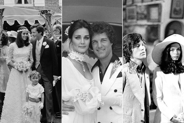 На фото: (слева) дочь итальянского аристократа Олимпия Альдобрандини после свадьбы с финансистом
Дэвидом де Ротшильдом, 29 июня 1974 года; (в центре) актриса Линда Картер с мужем продюсером Роном Сэмьюэлсом, 28 мая 1977 года; (справа) правозащитница Бьянка Перес-Мора Масиас во время бракосочетания с солистом британской рок-группы The Rolling Stones Миком Джаггером, 12 мая 1971 года.  - Sputnik Кыргызстан