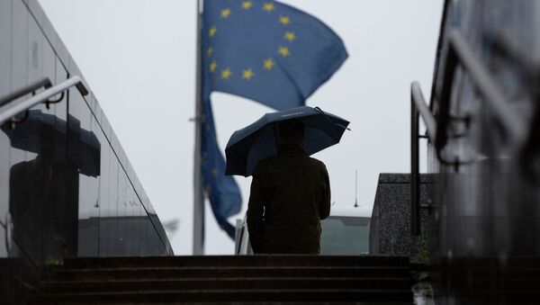 Мужчина с зонтиком идет в сторону флага Евросоюза. Архивное фото - Sputnik Кыргызстан