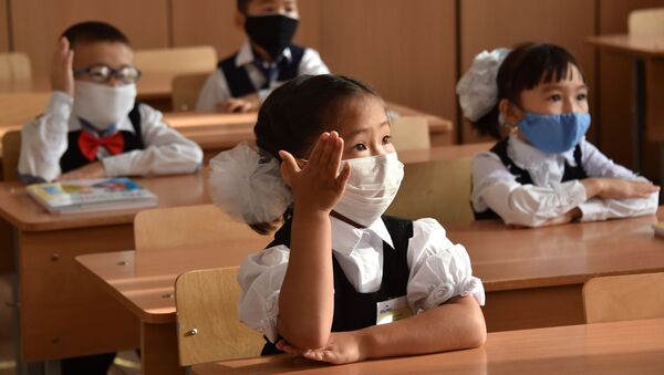 Школьники в защитных масках на уроке. Архивное фото - Sputnik Кыргызстан
