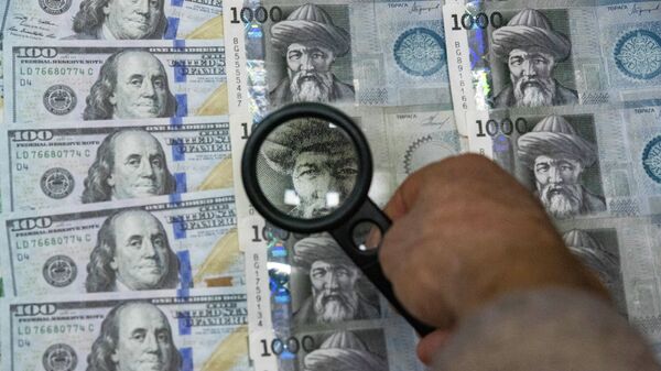Мужчина с лупой рассматривает долларовые и сомовые купюры. Иллюстративное фото - Sputnik Кыргызстан