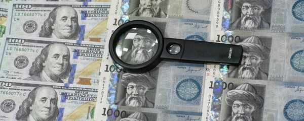 Жүз доллар жана миң сомдук купюралар лупа менен. Иллюстративдик сүрөт - Sputnik Кыргызстан