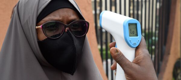 Аялдын температурасын текшерип жаткан күзөт кызматкери, Лагос, Нигерия. Архив - Sputnik Кыргызстан