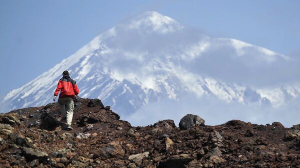Турист во время подъема на второй конус Большого трещинного Толбачинского извержения (БТТИ) в Камчатском крае - Sputnik Кыргызстан