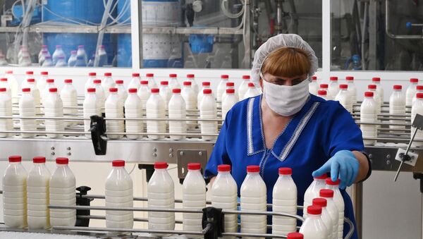 Сотрудница на линии производства молочной продукции. Архивное фото - Sputnik Кыргызстан