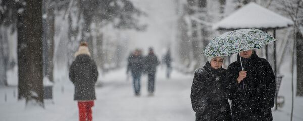 Пара укрывается от снега на проспекте Эркиндик в Бишкеке - Sputnik Кыргызстан