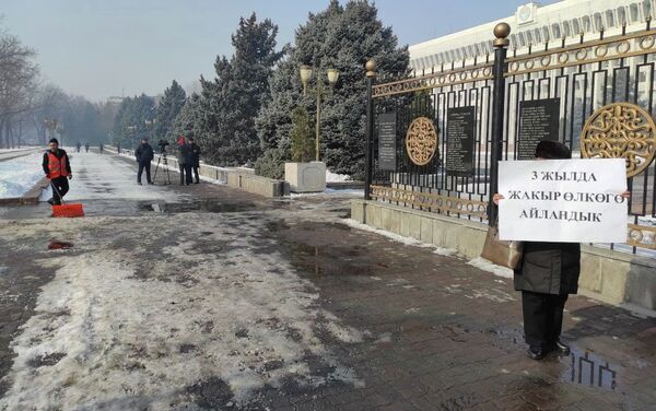 Несколько женщин митингуют возле здания Жогорку Кенеша (Белый дом) с требованием привлечь к ответственности экс-президента КР Сооронбая Жээнбекова - Sputnik Кыргызстан