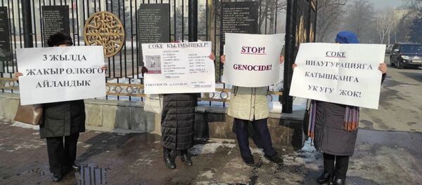 Ак үйдүн алдына келген бир нече аял экс-президент Сооронбай Жээнбековду жоопко тартуу талабын коюп митинг өткөрүп жатышат - Sputnik Кыргызстан