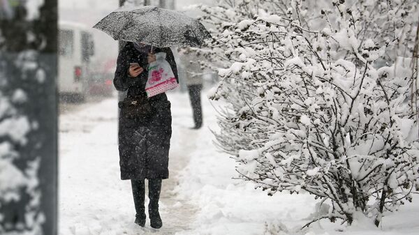 Женщина с зонтом идет по улице во время снегопада. Архивное фото  - Sputnik Кыргызстан