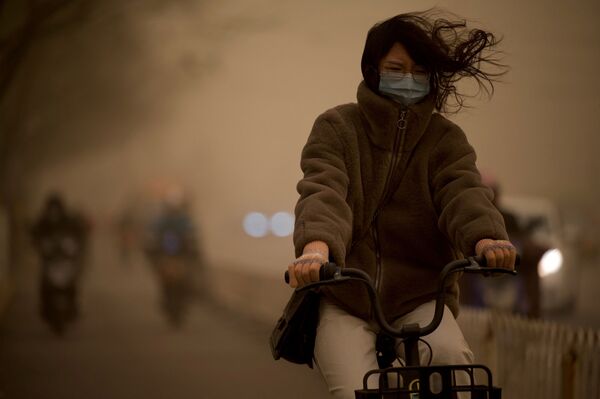 Пекинде кум учкан бороонго карабай аял көчөдө велосипед тээп бара жатат - Sputnik Кыргызстан