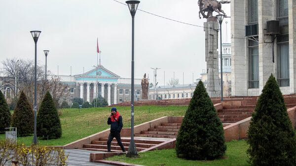 Вид на памятник Манаса возле филармонии, на дальнем фоне мэрия города Бишкека. Архивное фото - Sputnik Кыргызстан