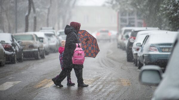 Женщина с ребенком во время снегопада в Бишкеке. Архивное фото - Sputnik Кыргызстан