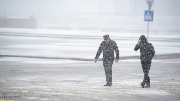 Люди переходят дорогу во время снежной бури. Архивное фото - Sputnik Кыргызстан