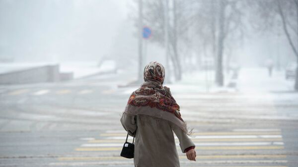 Девушка переходит дорогу во время снегопада. Архивное фото - Sputnik Кыргызстан