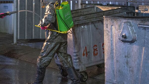 Сотрудники коммунальной службы во время дезинфекции мусорных баков в Бишкеке. Архивное фото - Sputnik Кыргызстан