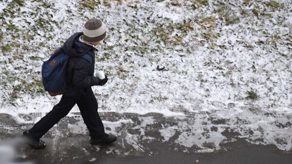 Мальчик с снежком в руке идет по улице. Архивное фото - Sputnik Кыргызстан
