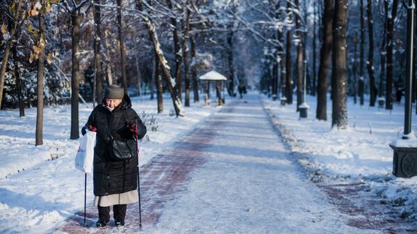 Женщина идет по бульвару Эркиндик в Бишкеке после сильного снегопада - Sputnik Кыргызстан