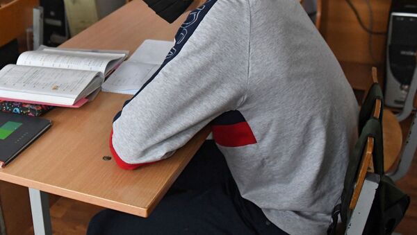 Ученик в защитной маске на уроке в школе. Архивное фото - Sputnik Кыргызстан
