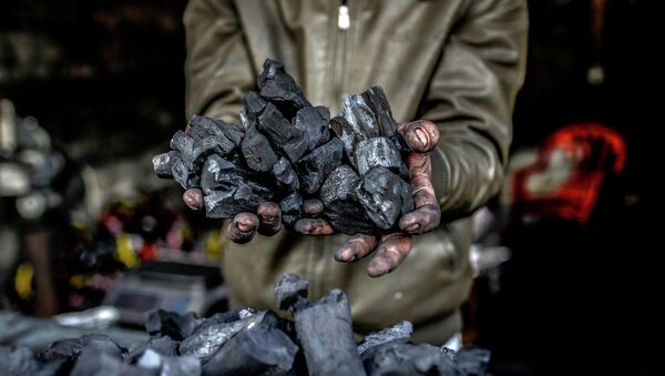 Рабочий показывает горсть угля. Архивное фото - Sputnik Кыргызстан