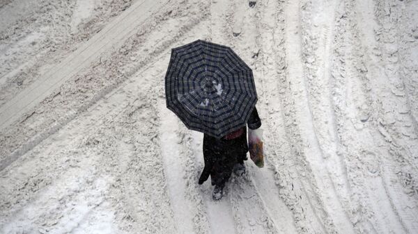 Женщина под зонтом во время снегопада - Sputnik Кыргызстан