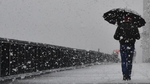 Мужчина идет с зонтом во время снега - Sputnik Кыргызстан