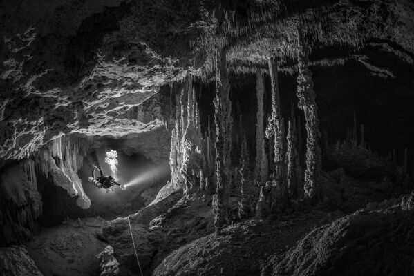 Этот снимок сделал Том Сент-Джордж, погрузившись в пещеру вместе с партнершей. Такой вид открылся, когда они преодолели несколько маленьких проходов. Фото победило в категории &quot;Черно-белое&quot;.   - Sputnik Кыргызстан