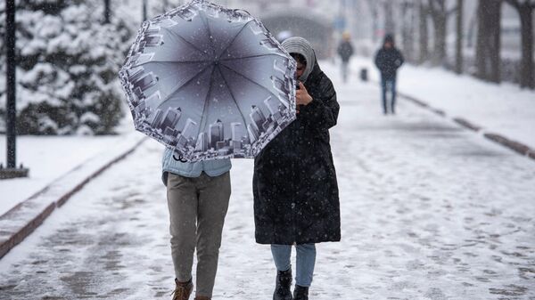 Девушки с зонтом во время снегопада в Бишкеке. Архивное фото - Sputnik Кыргызстан