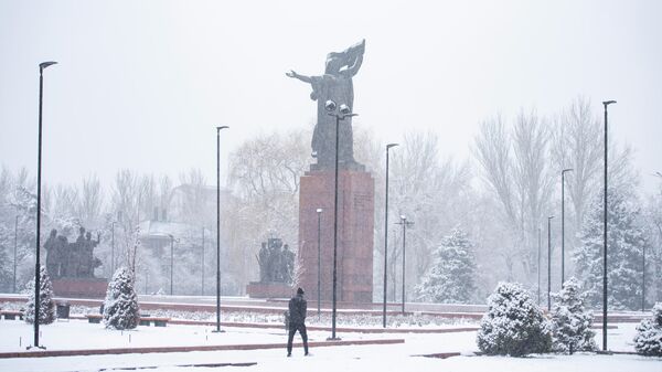 Мужчина идет возле памятника Уркуе Салиевой во время снегопада в Бишкеке. Архивное фото - Sputnik Кыргызстан