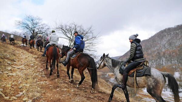 Группа туристов на лошадях во время конного проката. Архивное фото - Sputnik Кыргызстан