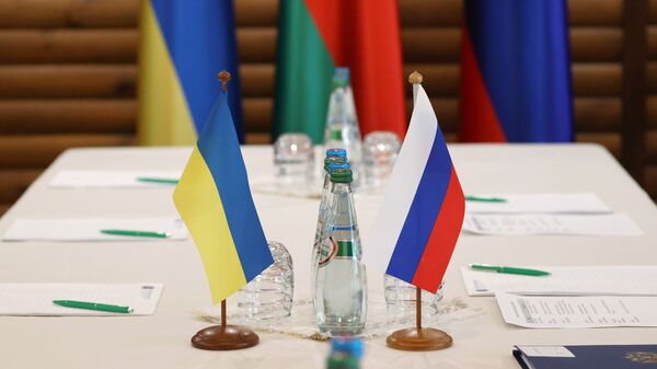 Флажки на столе, за которым пройдут российско-украинские переговоры - Sputnik Кыргызстан