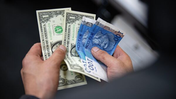 Мужчина держит сто сомовые и одна долларовые банкноты в руках. Иллюстративное фото - Sputnik Кыргызстан