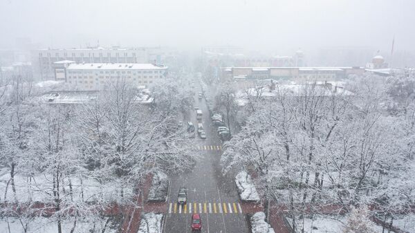 Вид на центр Бишкека с высоты дрона во время снегопада. Архивное фото - Sputnik Кыргызстан