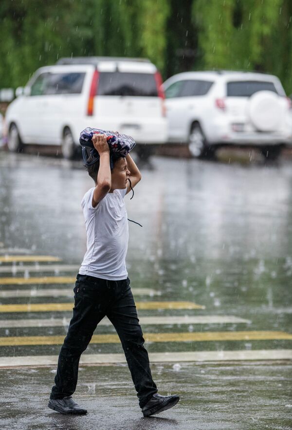 Мальчик держит над головой сумку, чтобы укрыться от дождя - Sputnik Кыргызстан