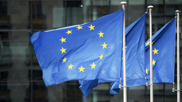 Брюсселдеги Европарламенттин баш кеңсесинин алдында Евробиримдиктин желектери. Архив - Sputnik Кыргызстан