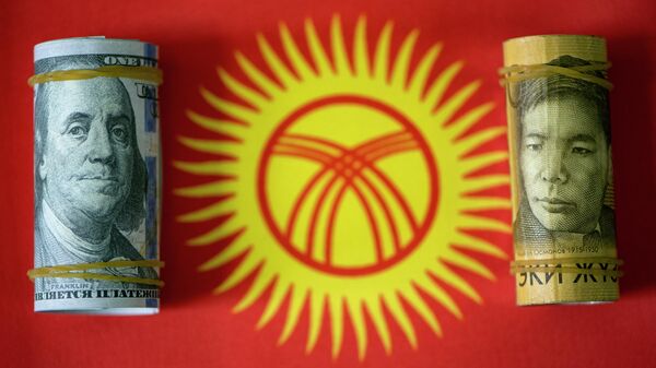 Кыргыз Республикасынын желегинин фонунда сом жана доллар купюралары. Иллюстративдик сүрөт - Sputnik Кыргызстан