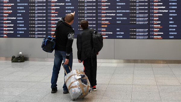 Пассажиры у табло вылетов в аэропорту Шереметьево - Sputnik Кыргызстан