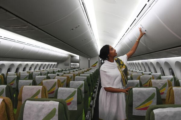 Ethiopian Airlines компаниясынын стюардессасы Boeing 787 Dreamliner учагынын бортунда. Домодедово аэропорту - Sputnik Кыргызстан